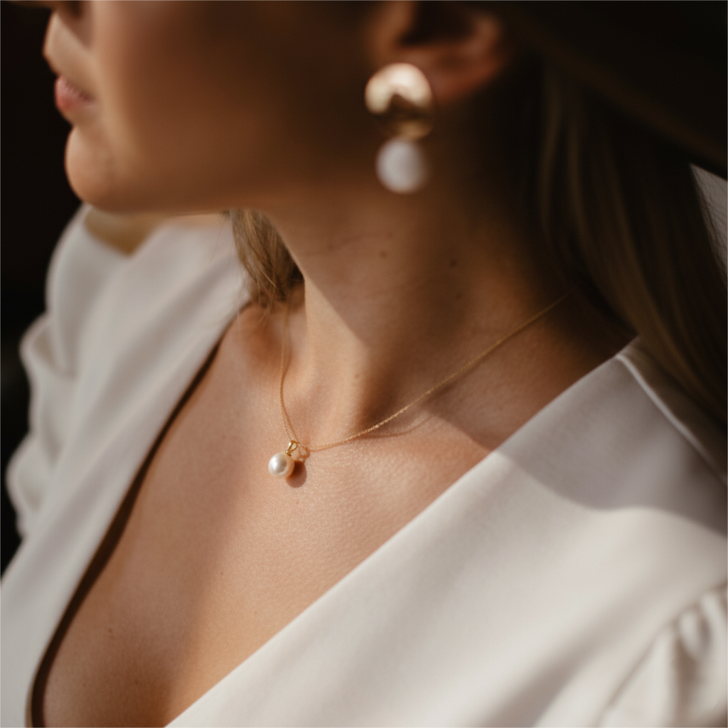 JESCOJES Shining 18K Gold Premium Pearl Pendant Necklace - model