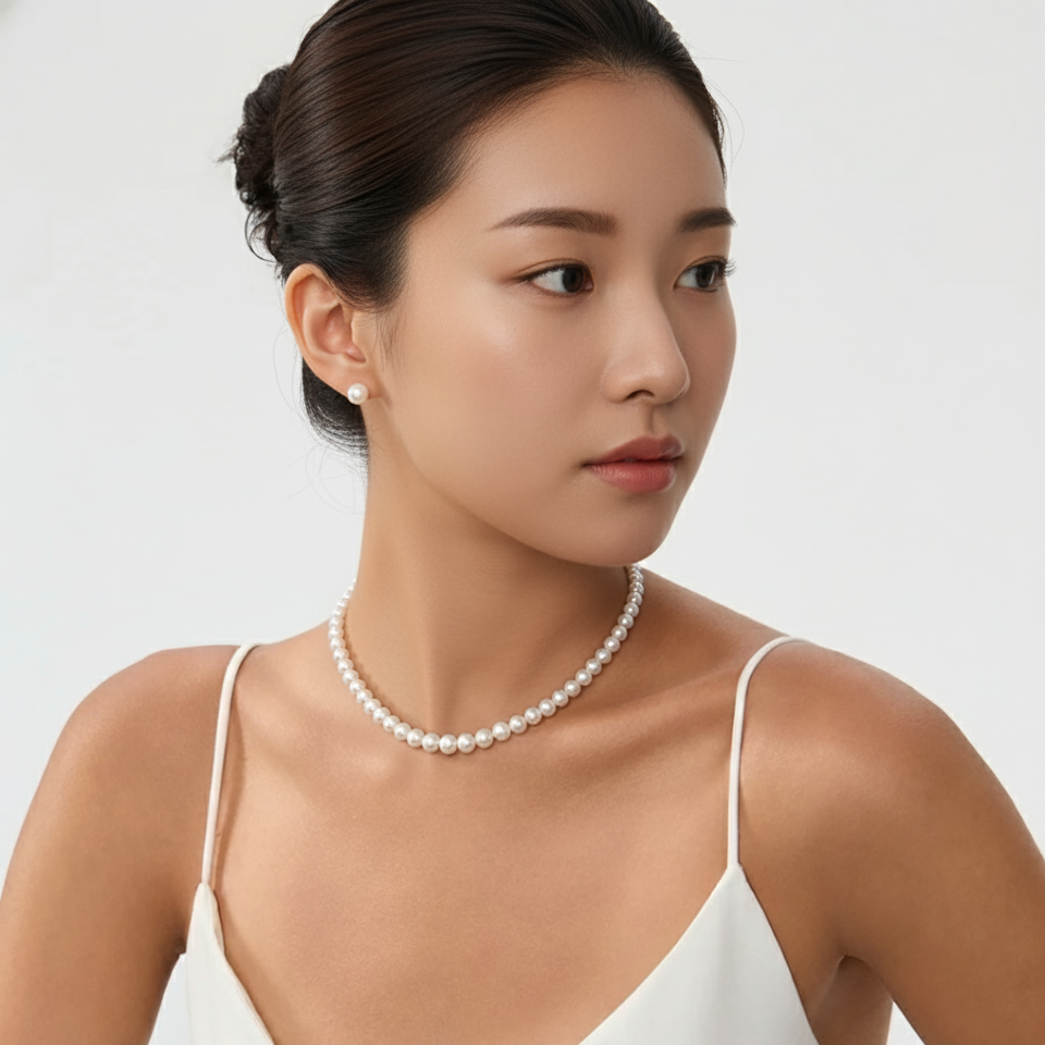 JESCOJES Charming 5-6mm White Freshwater Pearl Strand Necklace - model