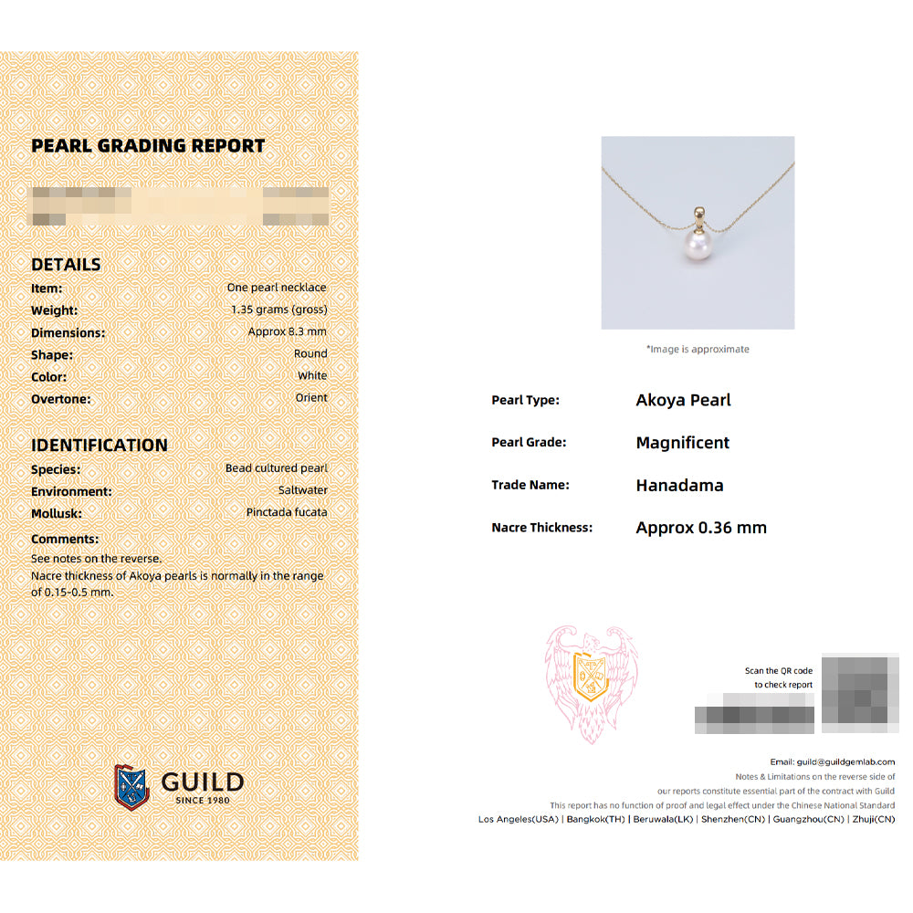 JESCOJES Shining Akoya Pearl 18K Gold Pendant Necklace - GUILD Certificate