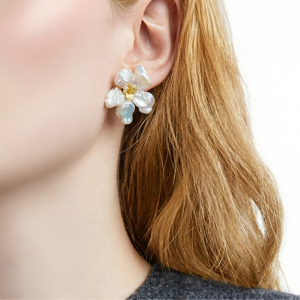 JESCOJES Baroque Pearl Pedal Stud Earrings