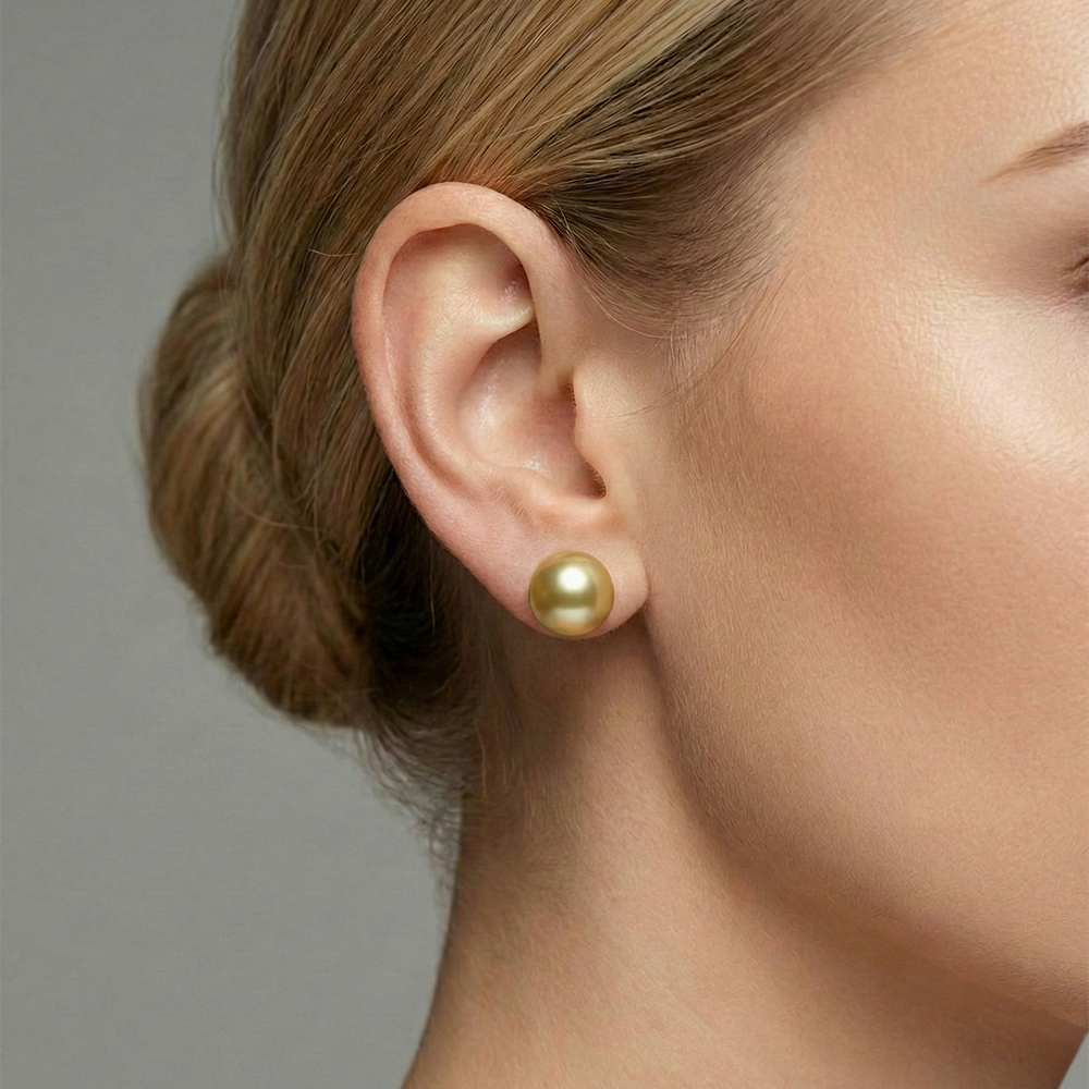 JESCOJES Charismatic 18K Gold Golden South Sea Pearl Stud Earrings