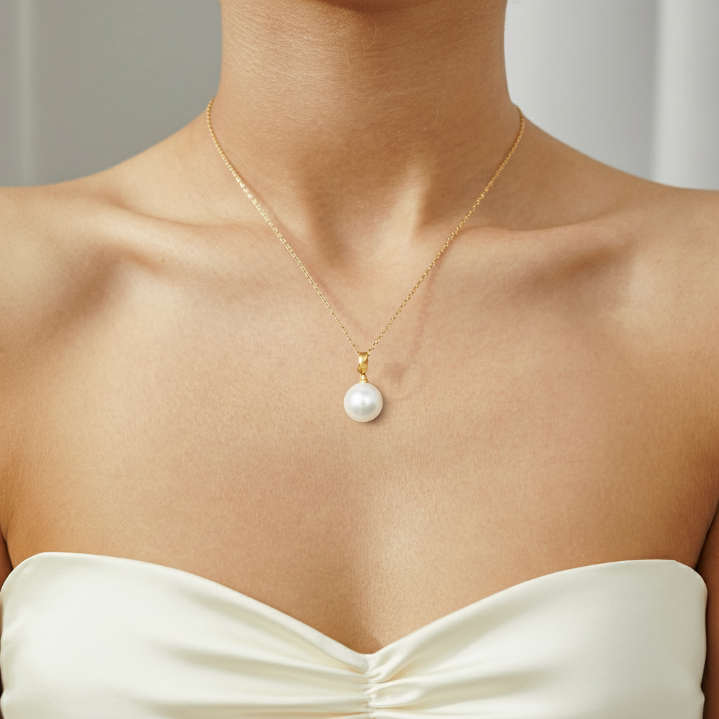 JESCOJES Lustrous AAAA Pearl Pendant Necklace-White Pearl Yellow Gold- model