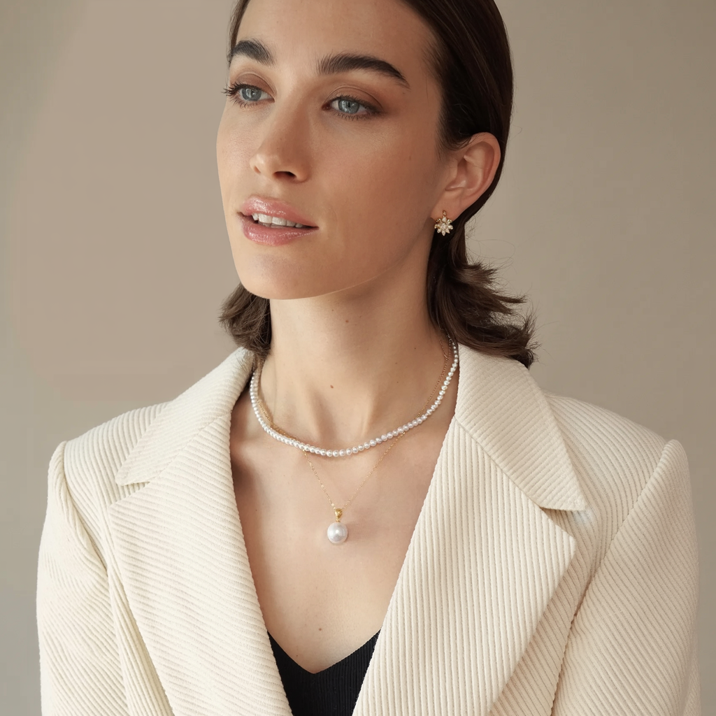 JESCOJES Shining 18K Gold Premium Pearl Pendant Necklace &amp; Pearl Strand Necklace