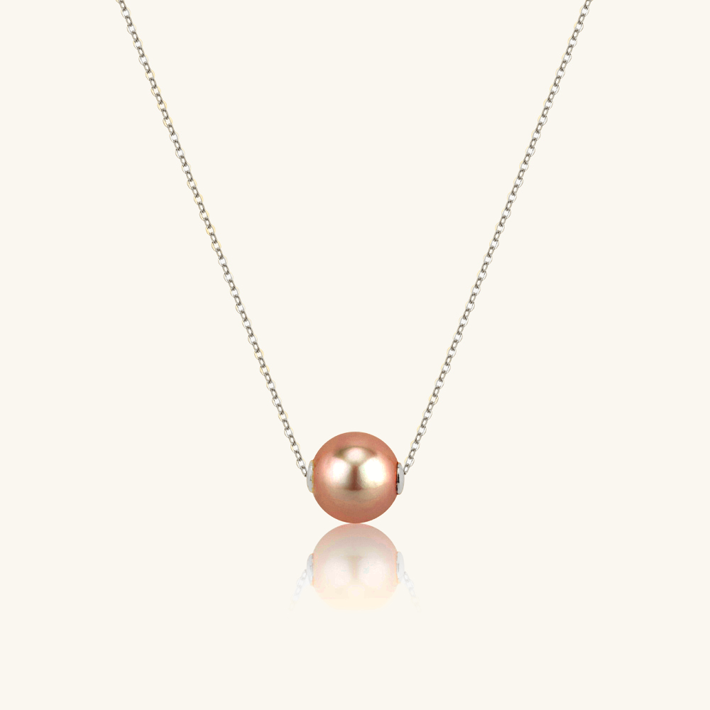 JESCOJES Solitaire AAAA Pearl Pendant Necklace - Orange Pearl - White Gold Plated