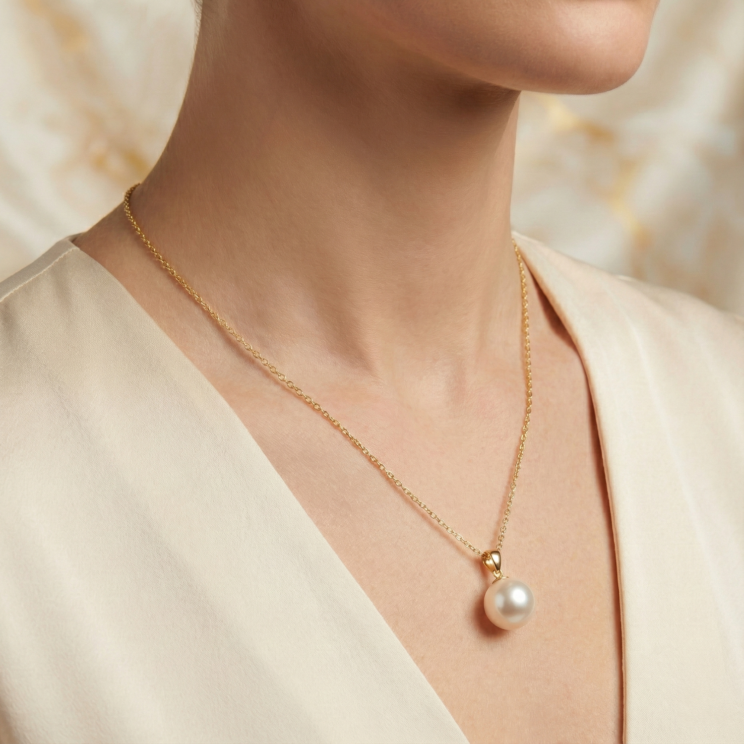 JESCOJES Elite 18K Gold Single Pearl Pendant Necklace