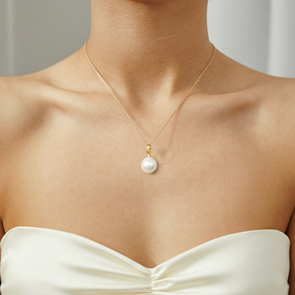 JESCOJES Shining 18K Gold Premium Pearl Pendant Necklace-White Pearl Yellow Gold - model